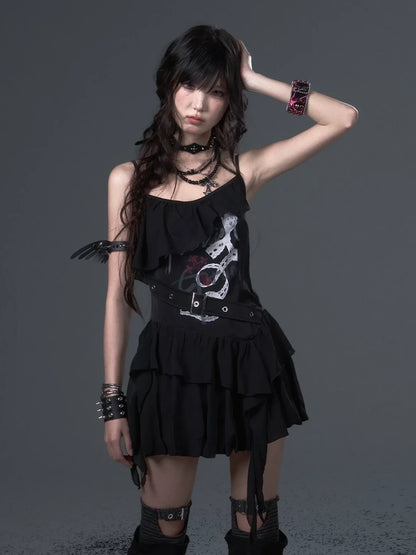 Frustration Garden Punk Floral Print Satin Chiffon Slip V-neck Dress