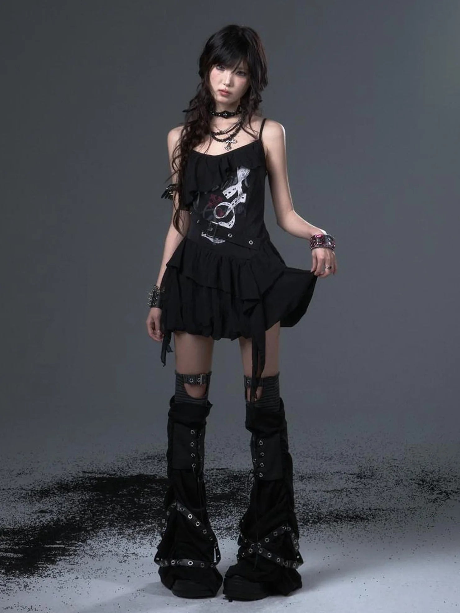 Frustration Garden Punk Floral Print Satin Chiffon Slip V-neck Dress