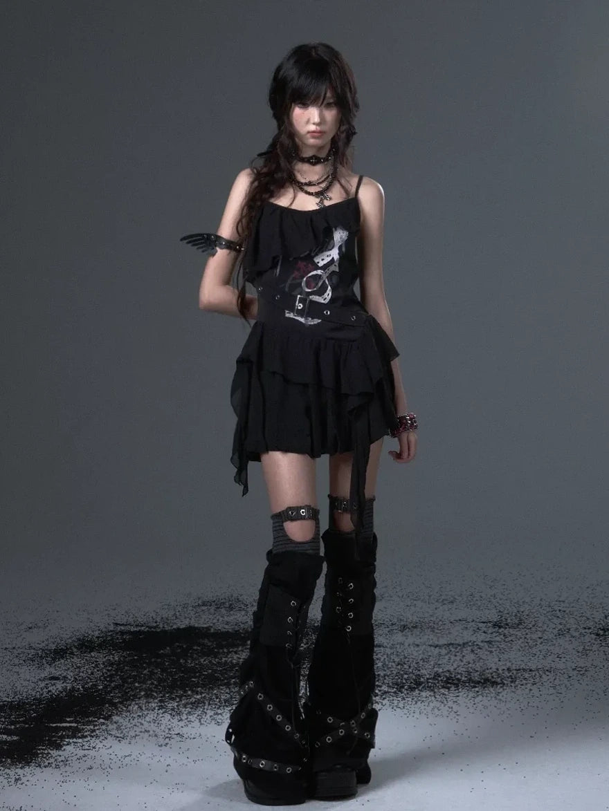 Frustration Garden Punk Floral Print Satin Chiffon Slip V-neck Dress