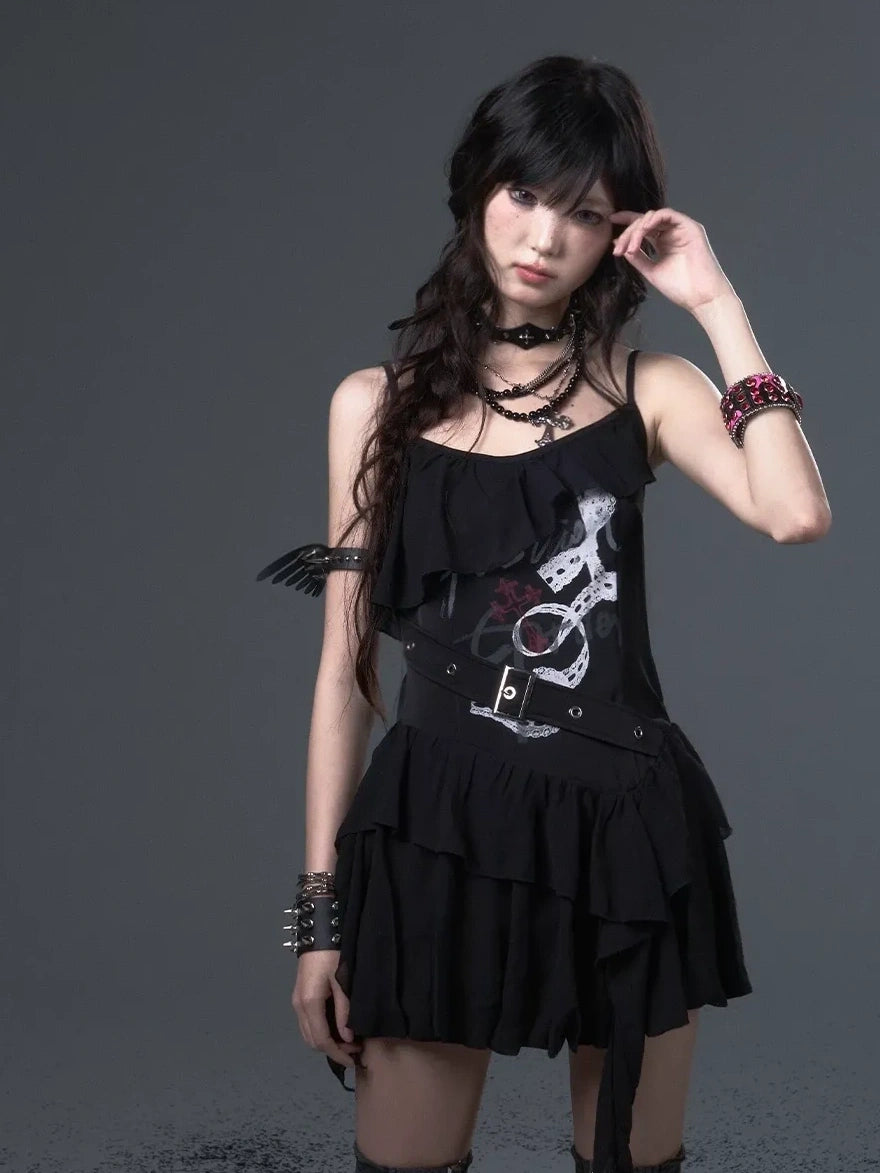 Frustration Garden Punk Floral Print Satin Chiffon Slip V-neck Dress