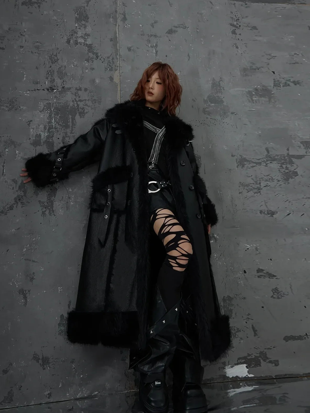 Frustration Garden Punk Heavy Duty Vegan Fur Long Coat