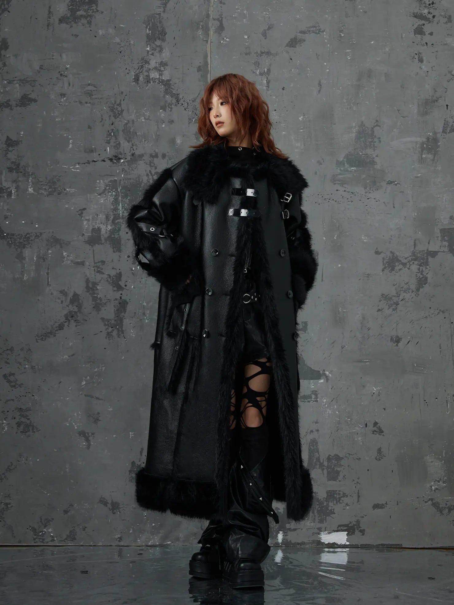 Frustration Garden Punk Heavy Duty Vegan Fur Long Coat