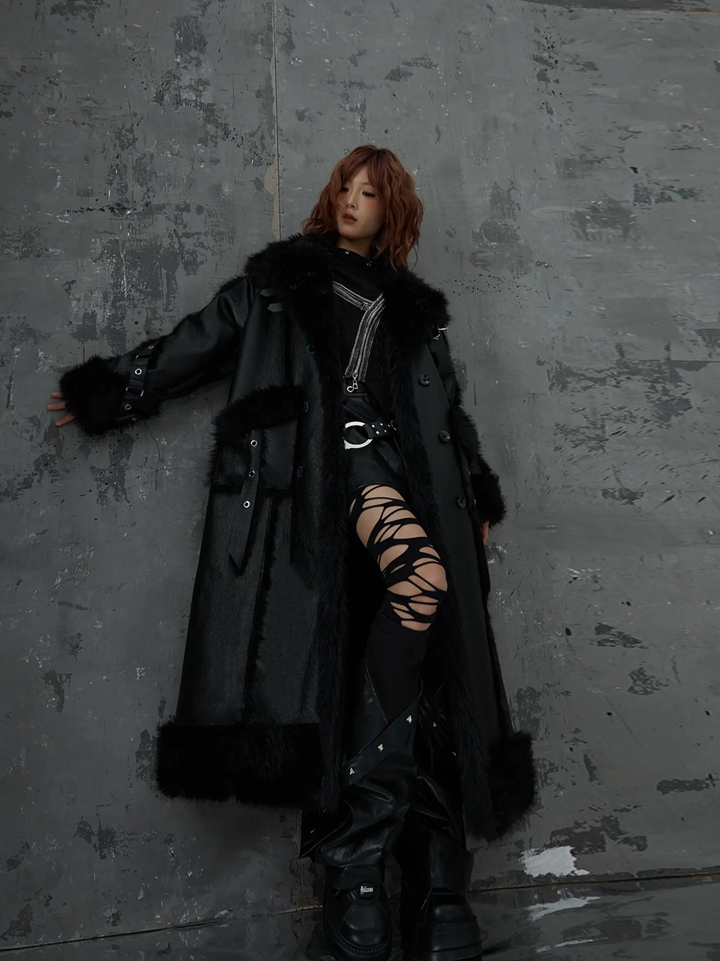 Frustration Garden Punk Heavy Duty Vegan Fur Long Coat