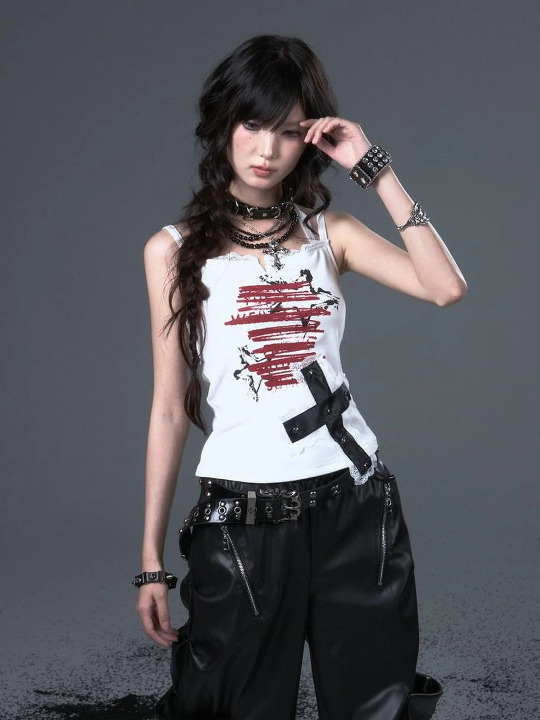 Frustration Garden Punk Lace Cross Print Slim Camisole