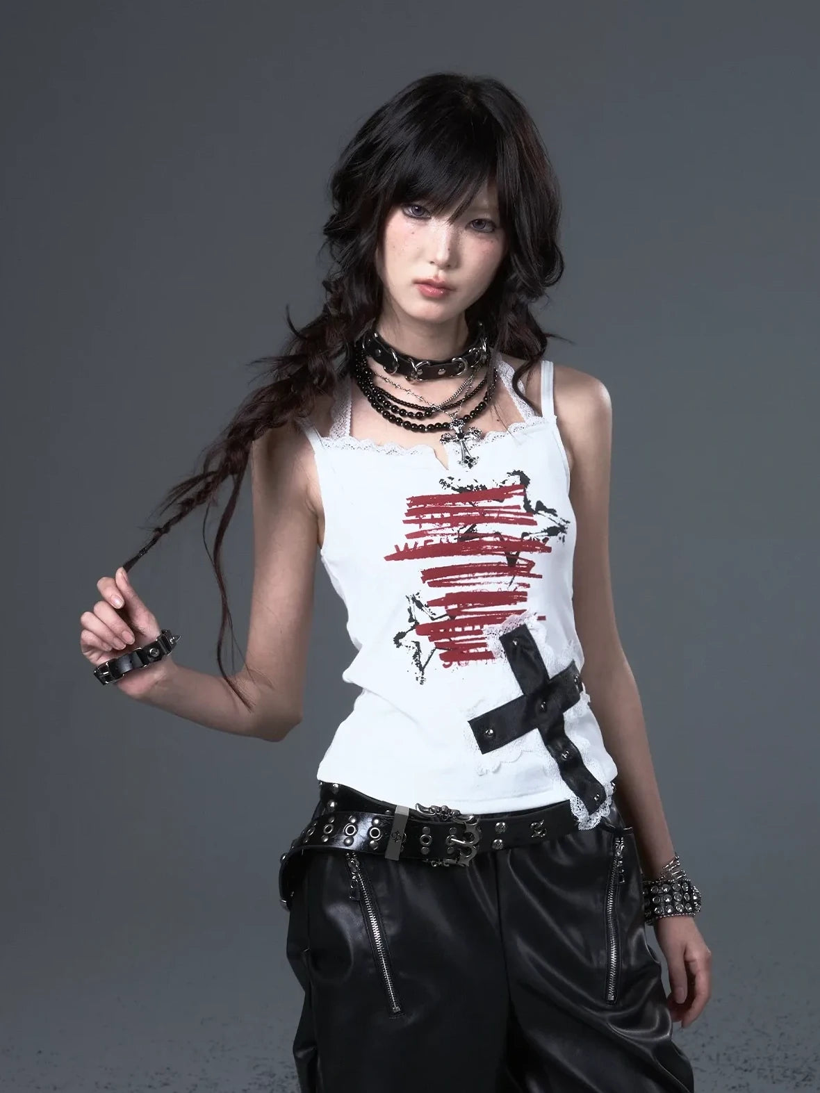 Frustration Garden Punk Lace Cross Print Slim Camisole