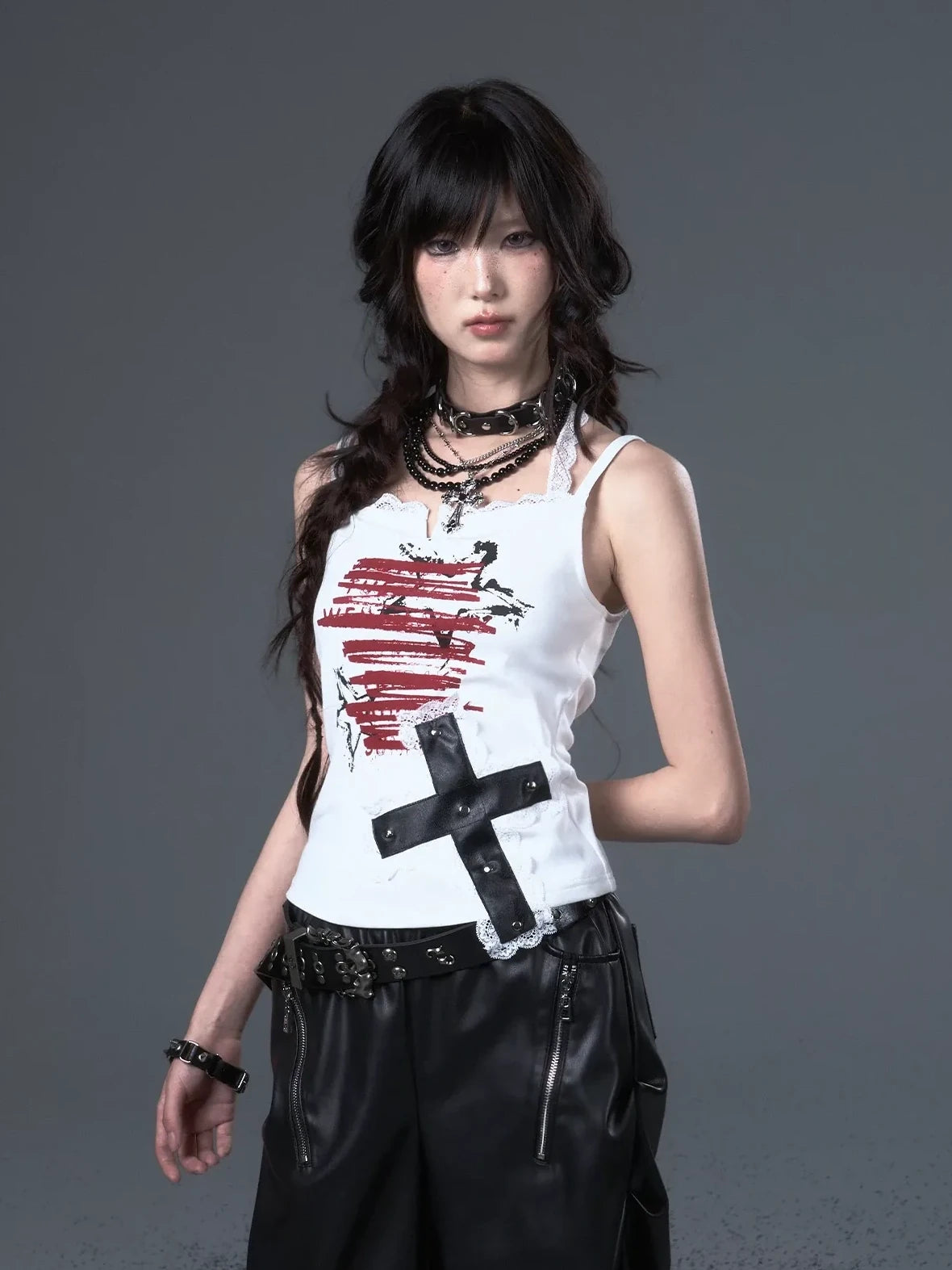 Frustration Garden Punk Lace Cross Print Slim Camisole