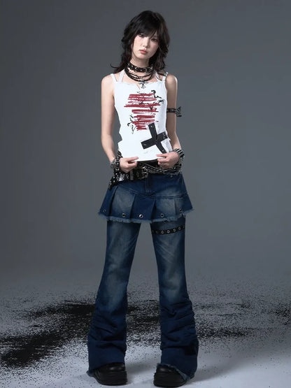 Frustration Garden Punk Lace Cross Print Slim Camisole