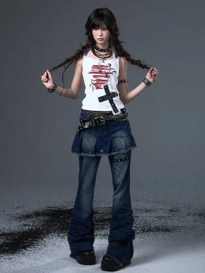 Frustration Garden Punk Lace Cross Print Slim Camisole