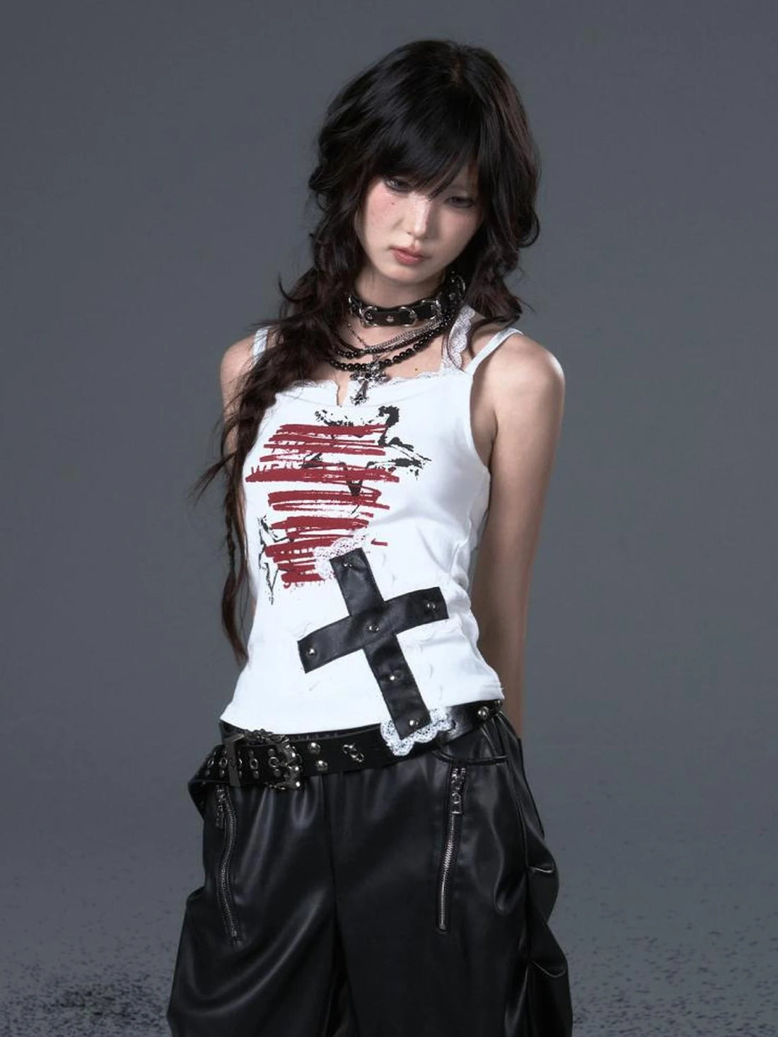 Frustration Garden Punk Lace Cross Print Slim Camisole