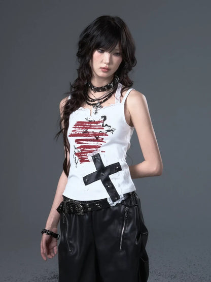 Frustration Garden Punk Lace Cross Print Slim Camisole