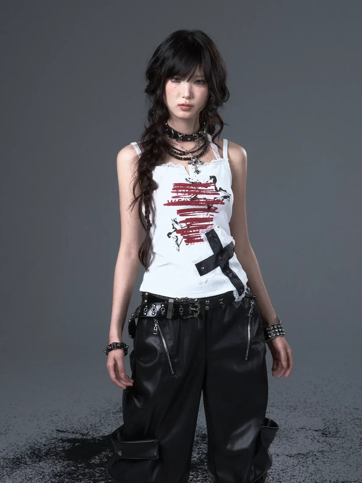 Frustration Garden Punk Lace Cross Print Slim Camisole