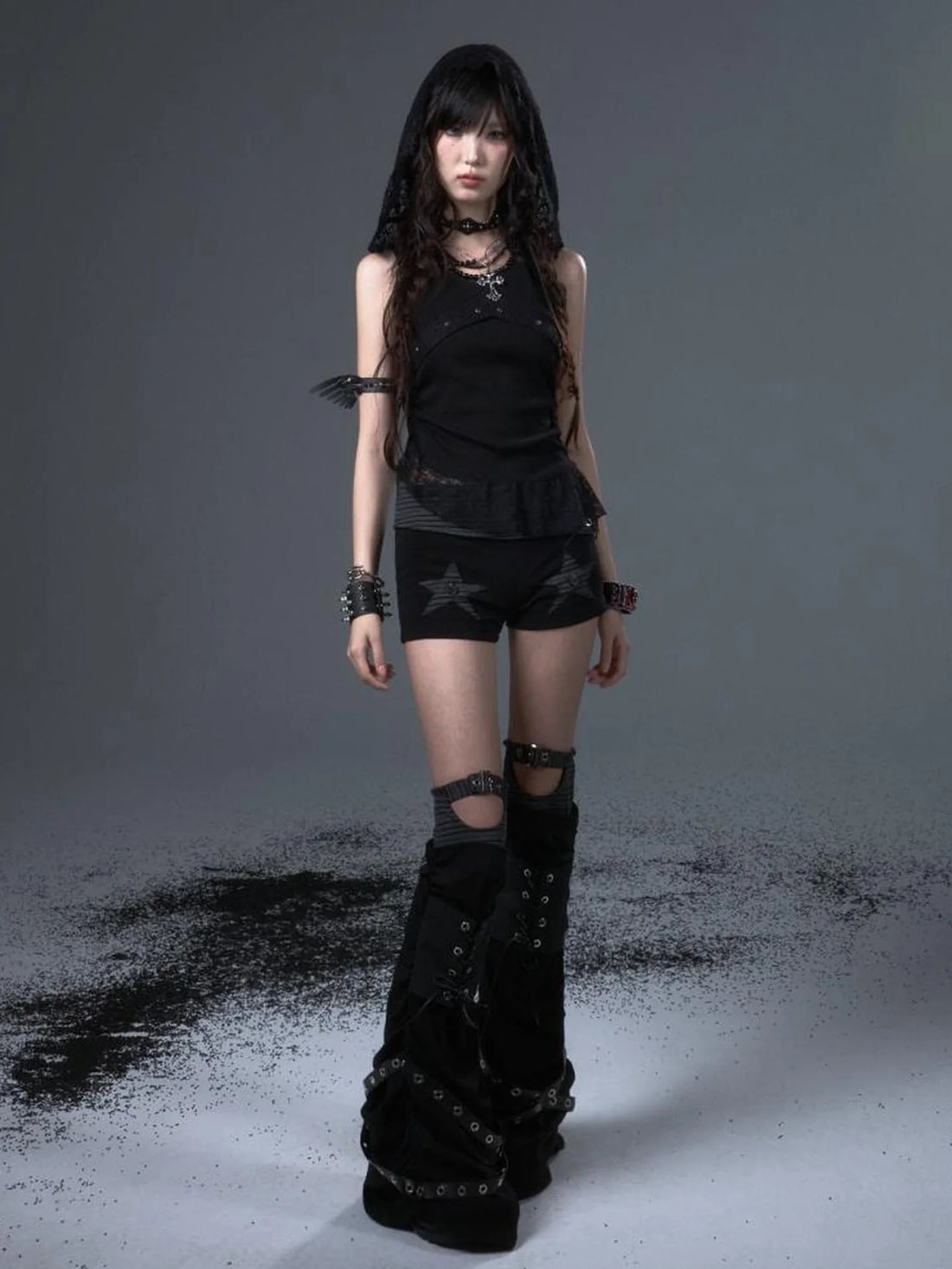 Frustration Garden Punk Lace Hooded Vest V-neck T-shirt Long Sleeve