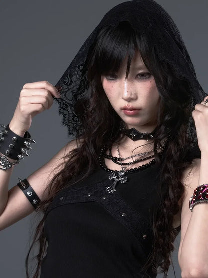 Frustration Garden Punk Lace Hooded Vest V-neck T-shirt Long Sleeve