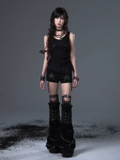 Frustration Garden Punk Lace Hooded Vest V-neck T-shirt Long Sleeve