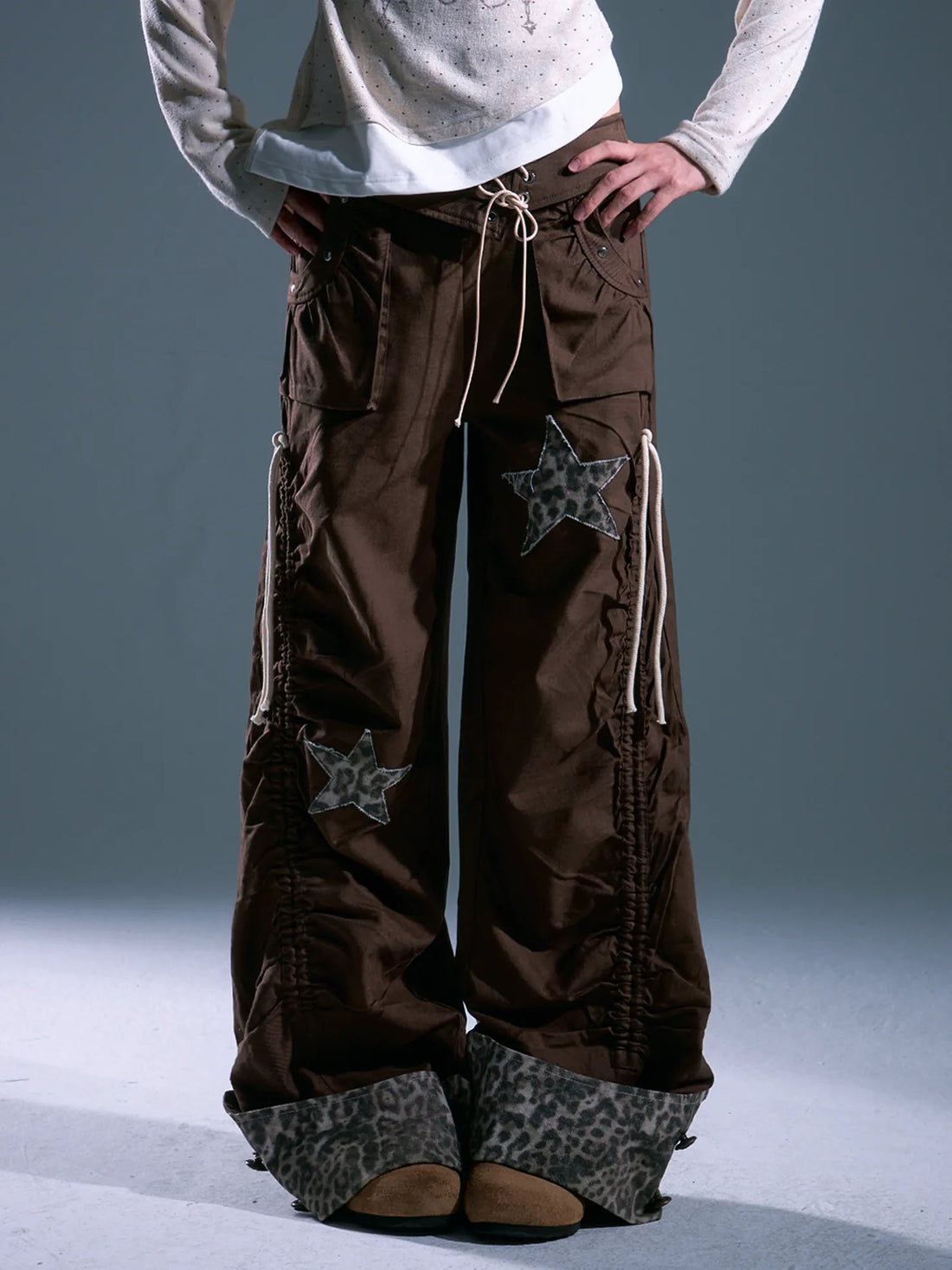 Frustration Garden Punk Light Y2 K Leopard Star Drawstring Trousers