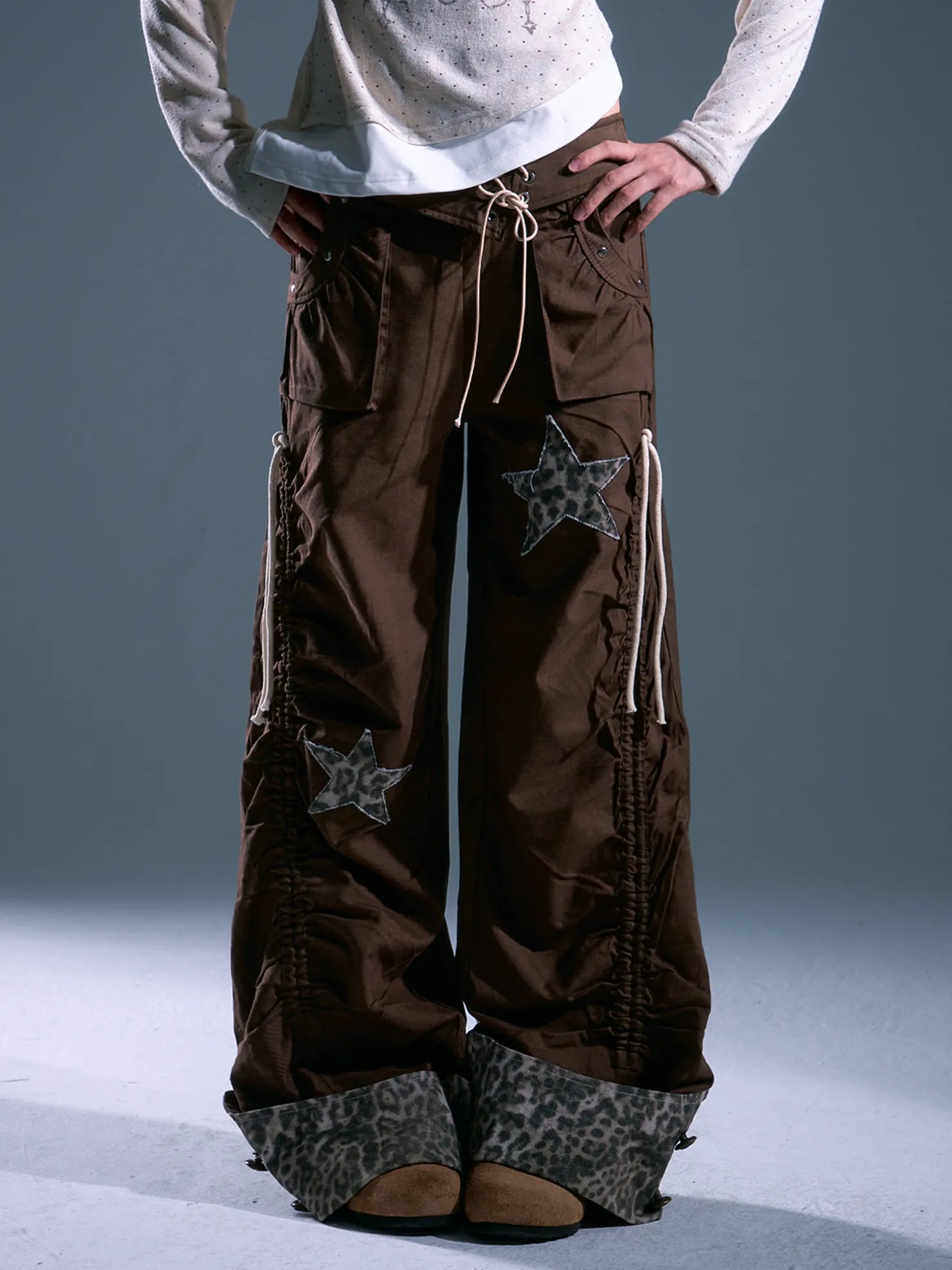 Frustration Garden Punk Light Y2 K Leopard Star Drawstring Trousers