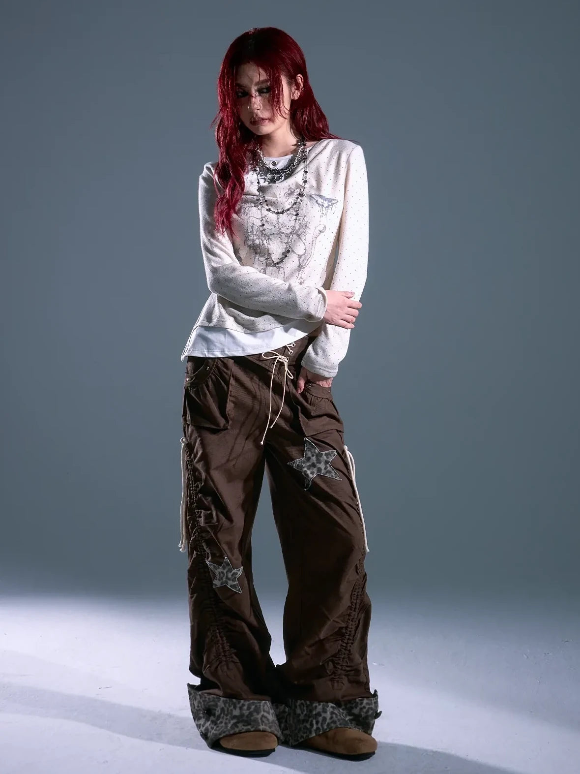 Frustration Garden Punk Light Y2 K Leopard Star Drawstring Trousers