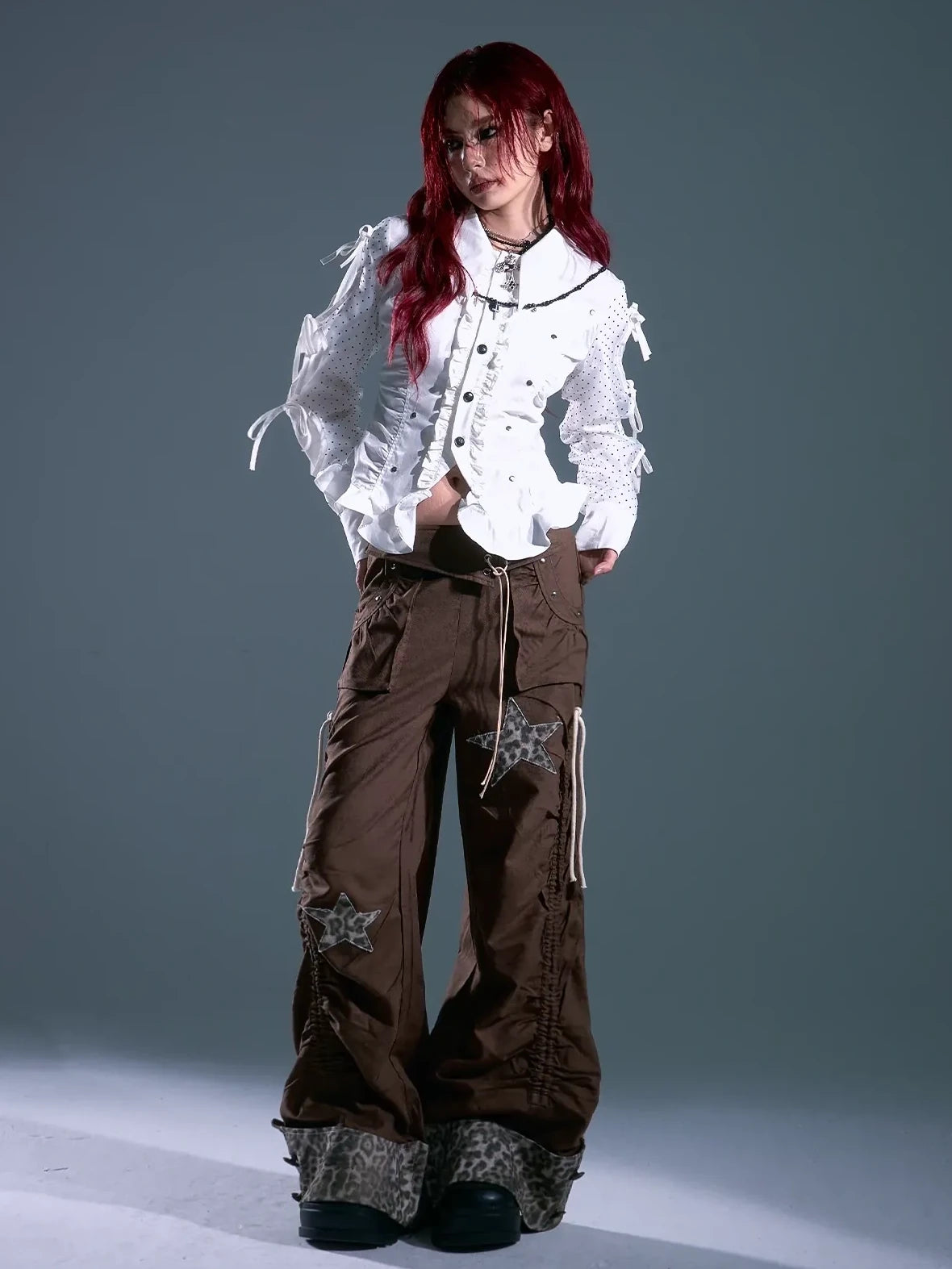 Frustration Garden Punk Light Y2 K Leopard Star Drawstring Trousers