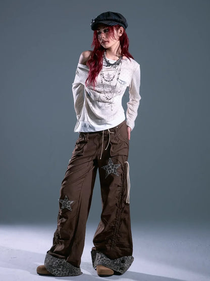 Frustration Garden Punk Light Y2 K Leopard Star Drawstring Trousers