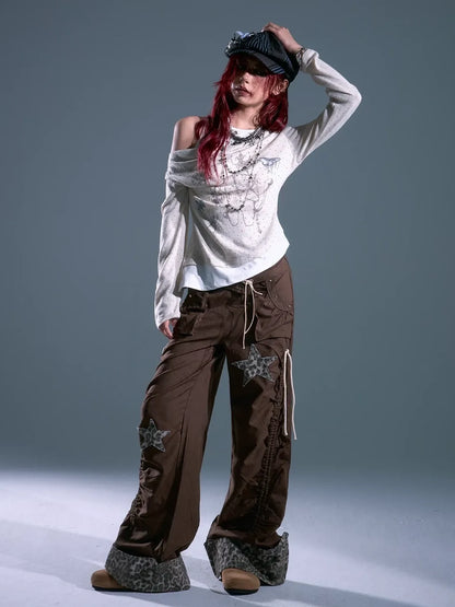 Frustration Garden Punk Light Y2 K Leopard Star Drawstring Trousers