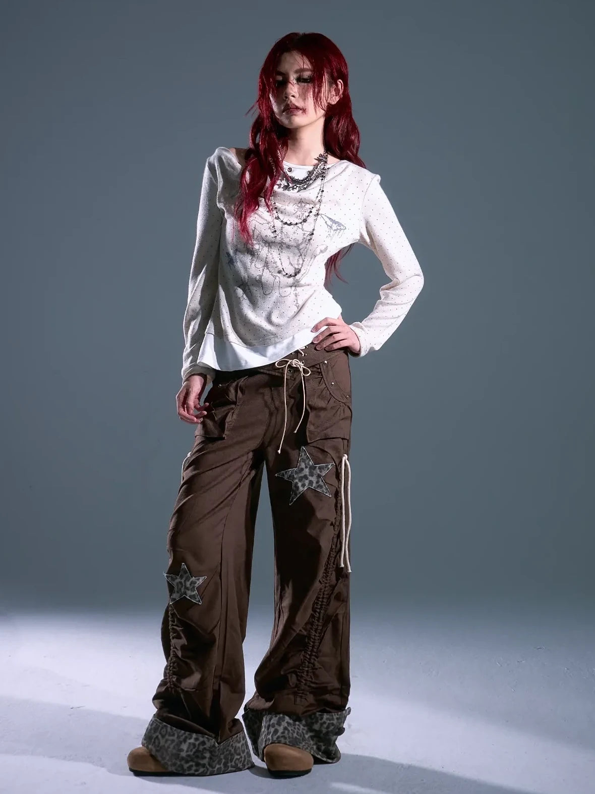 Frustration Garden Punk Light Y2 K Leopard Star Drawstring Trousers