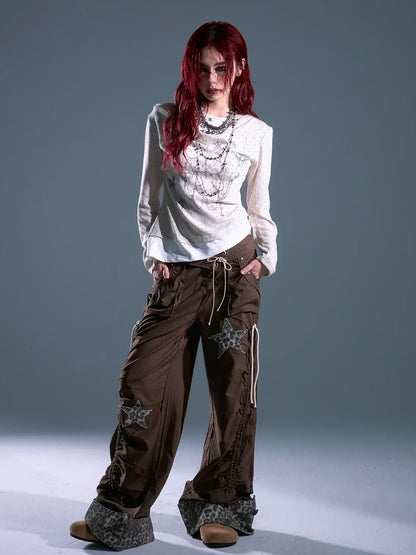 Frustration Garden Punk Light Y2 K Leopard Star Drawstring Trousers