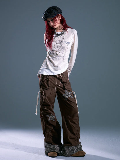 Frustration Garden Punk Light Y2 K Leopard Star Drawstring Trousers