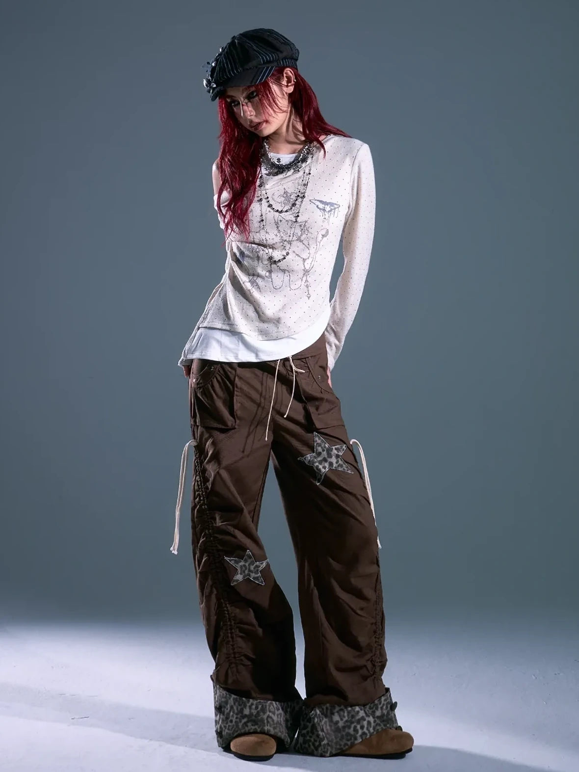Frustration Garden Punk Light Y2 K Leopard Star Drawstring Trousers