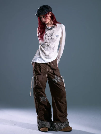 Frustration Garden Punk Light Y2 K Leopard Star Drawstring Trousers