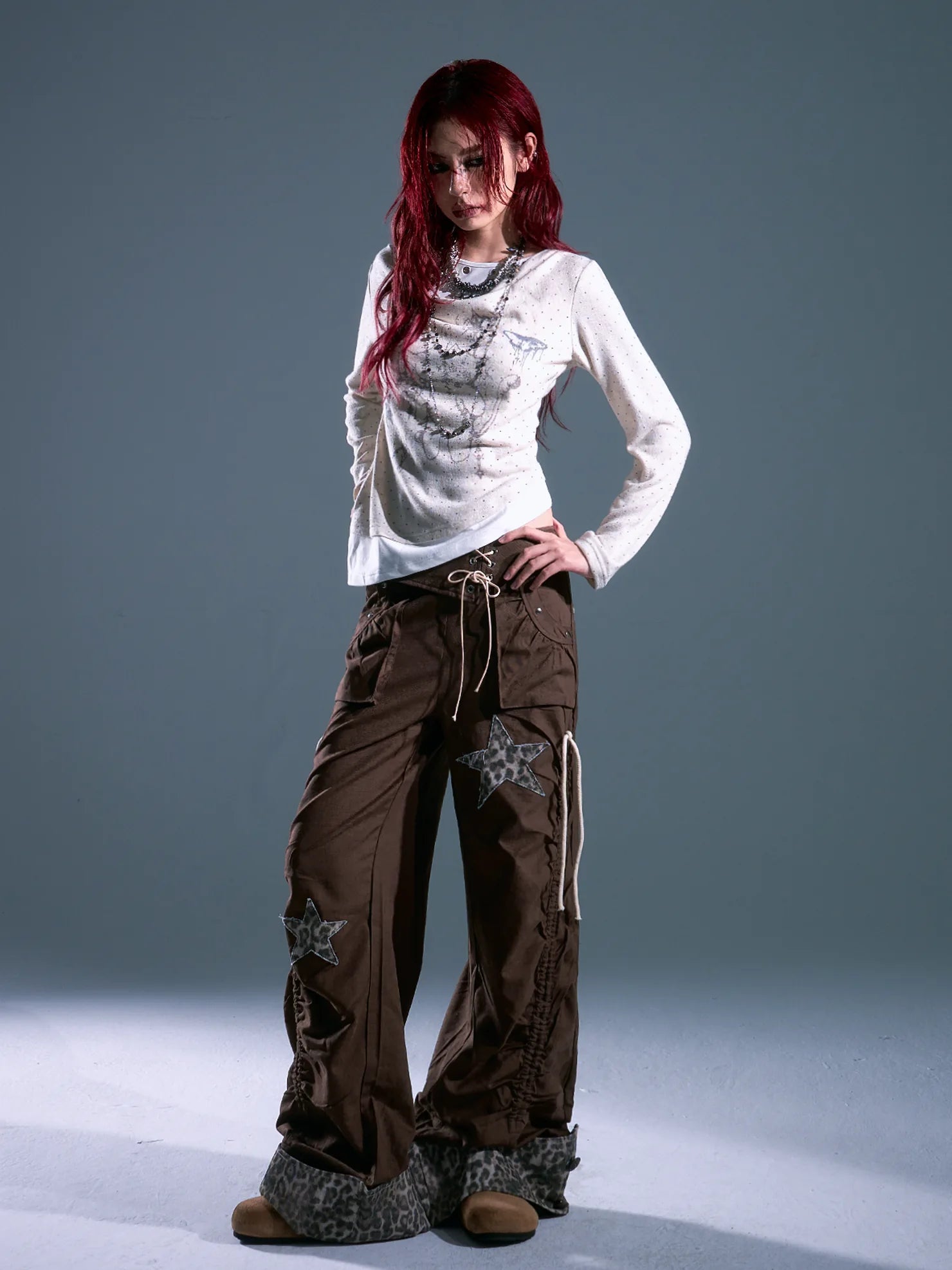 Frustration Garden Punk Light Y2 K Leopard Star Drawstring Trousers