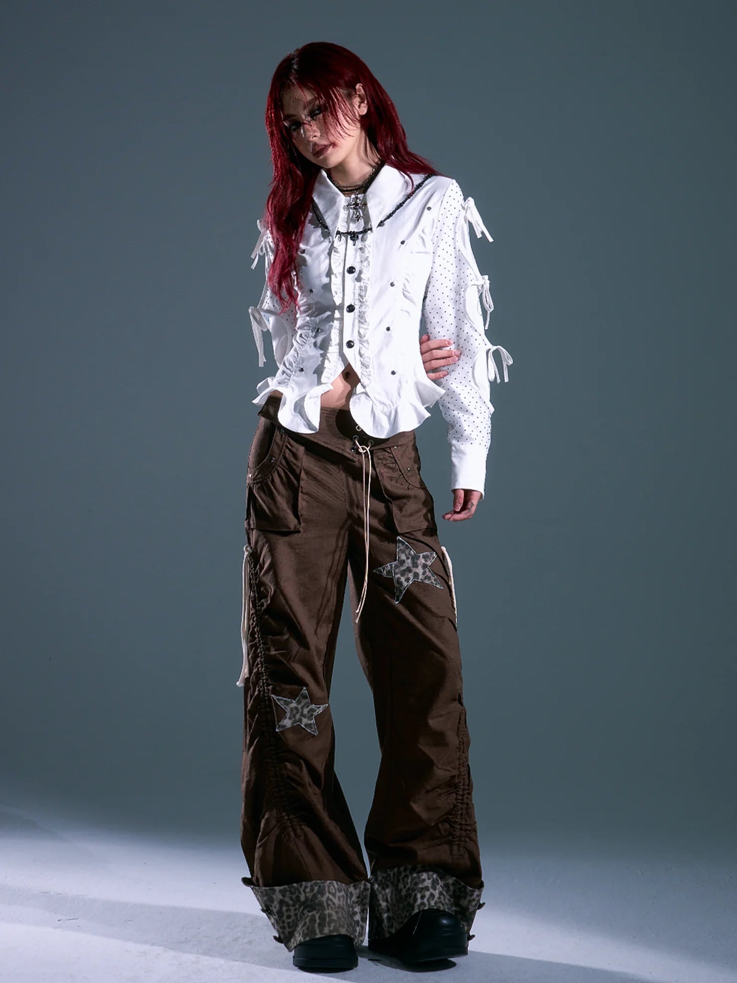 Frustration Garden Punk Light Y2 K Leopard Star Drawstring Trousers