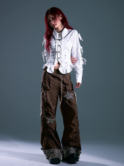 Frustration Garden Punk Light Y2 K Leopard Star Drawstring Trousers