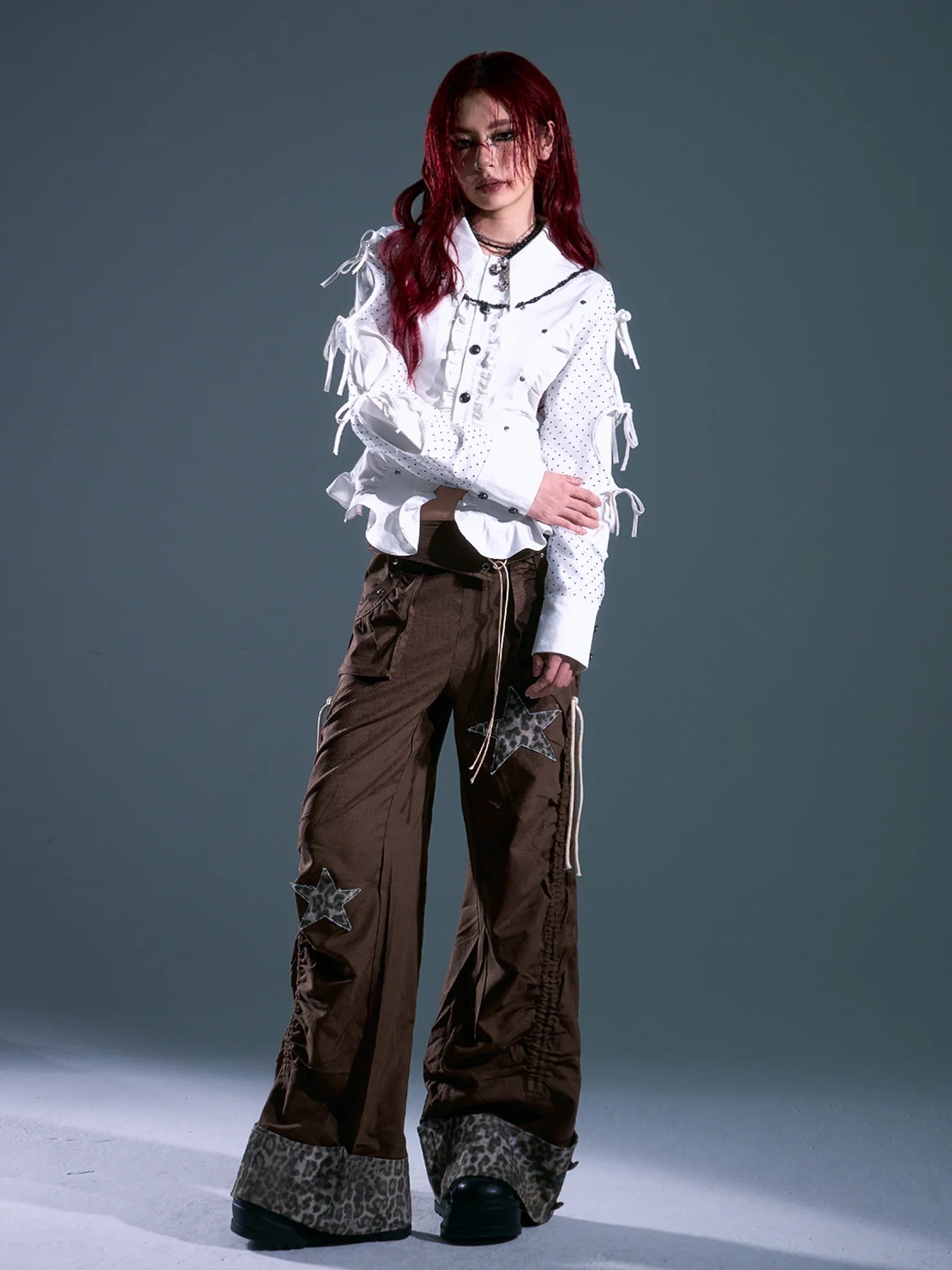 Frustration Garden Punk Light Y2 K Leopard Star Drawstring Trousers
