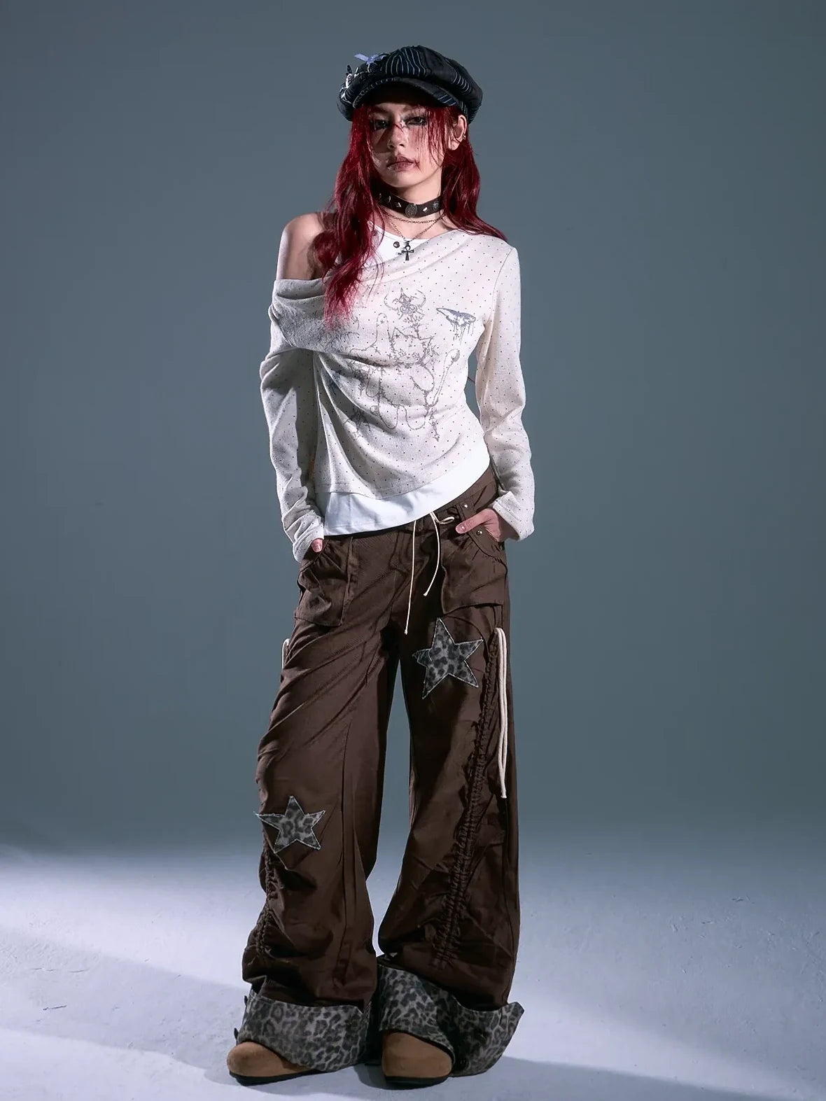 Frustration Garden Punk Light Y2 K Leopard Star Drawstring Trousers