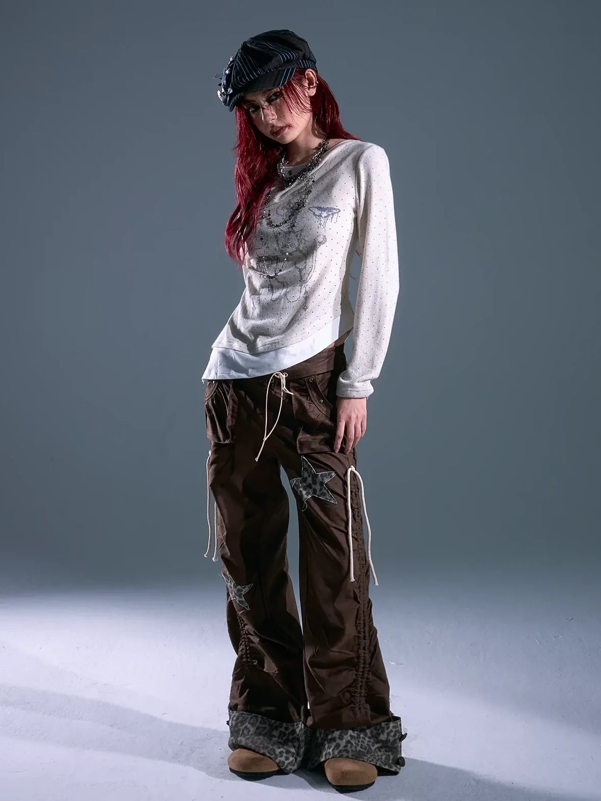 Frustration Garden Punk Light Y2 K Leopard Star Drawstring Trousers