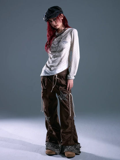 Frustration Garden Punk Light Y2 K Leopard Star Drawstring Trousers