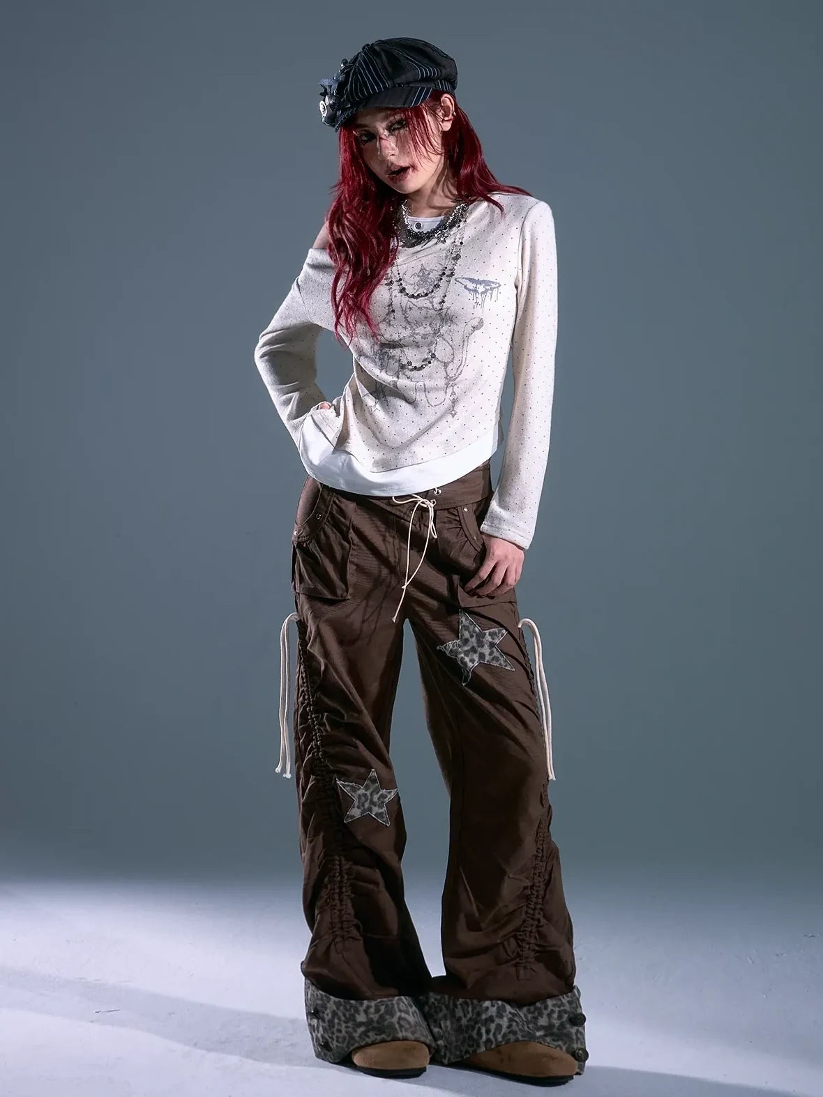Frustration Garden Punk Light Y2 K Leopard Star Drawstring Trousers