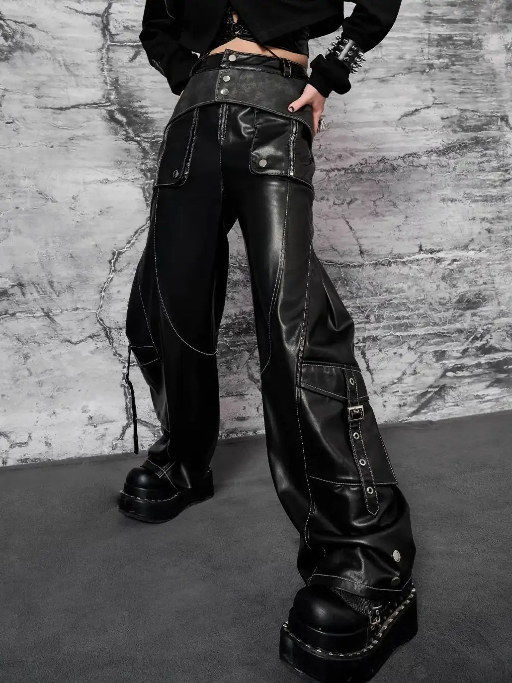 Frustration Garden Punk Metal Trimmed Leather Trousers