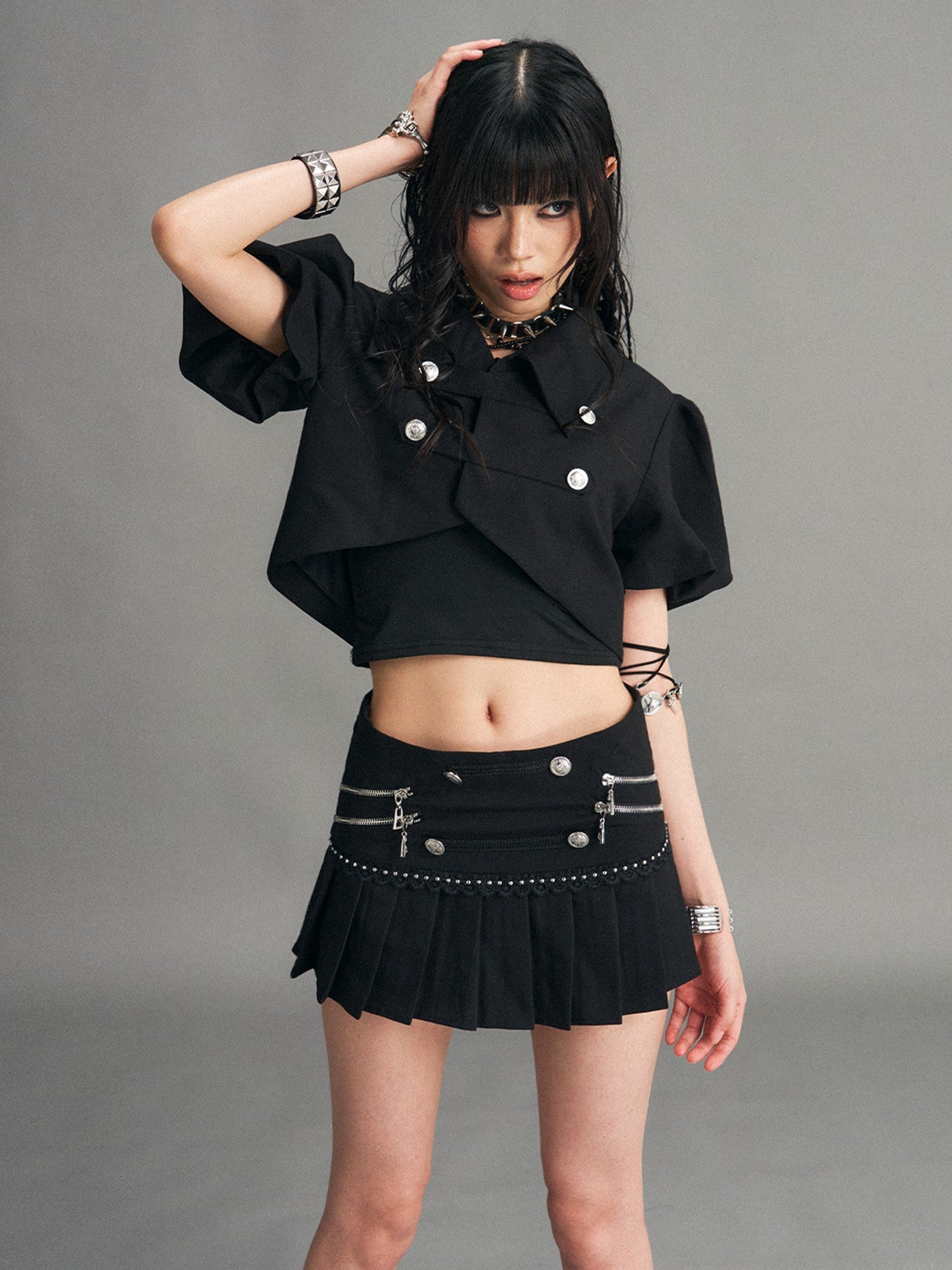 Frustration Garden Punk Metal Zipper Pleated Low Waist A Line Women&