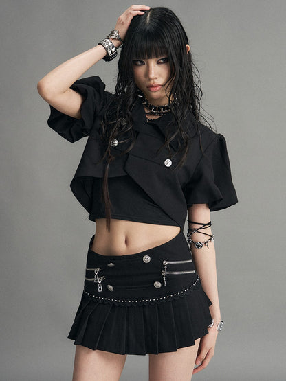 Frustration Garden Punk Metal Zipper Pleated Low Waist A Line Women&