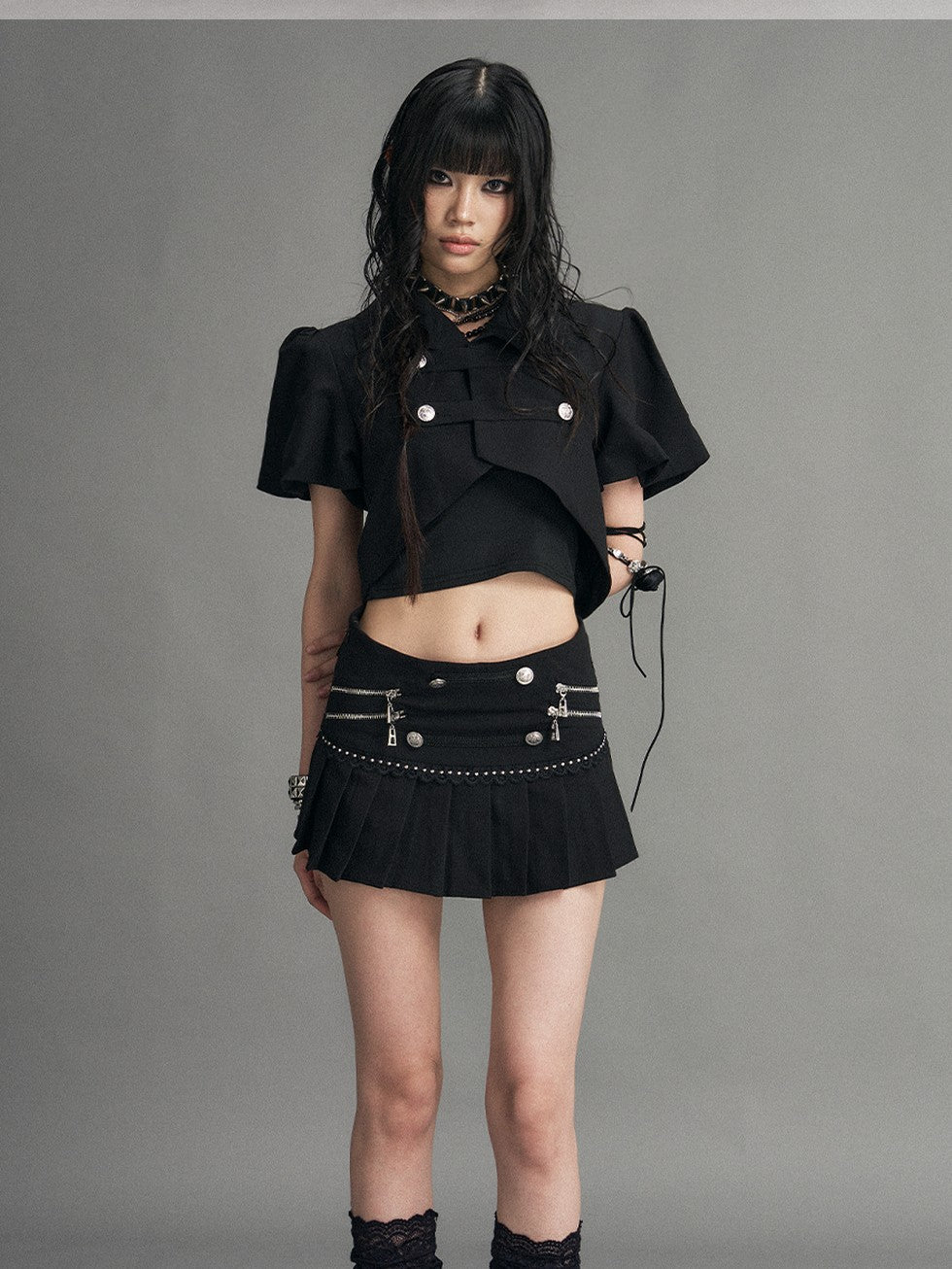 Frustration Garden Punk Metal Zipper Pleated Low Waist A Line Women&