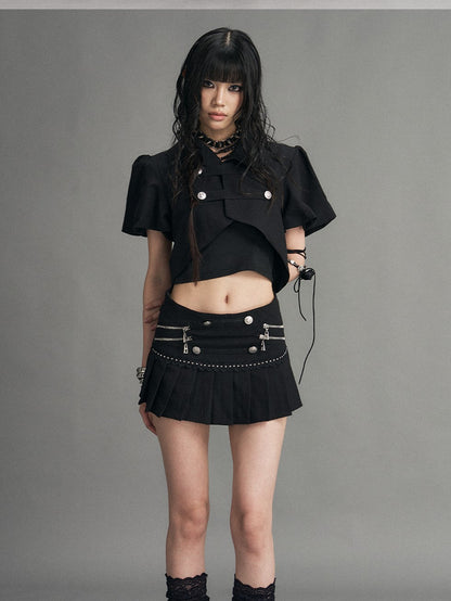 Frustration Garden Punk Metal Zipper Pleated Low Waist A Line Women&