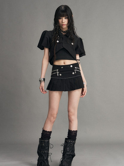 Frustration Garden Punk Metal Zipper Pleated Low Waist A Line Women&