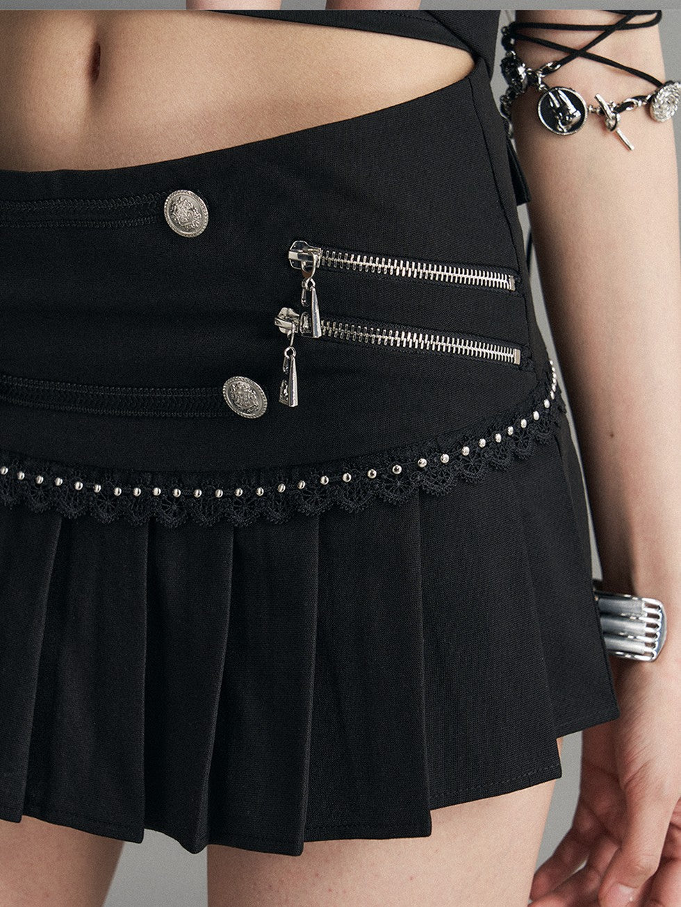 Frustration Garden Punk Metal Zipper Pleated Low Waist A Line Women&