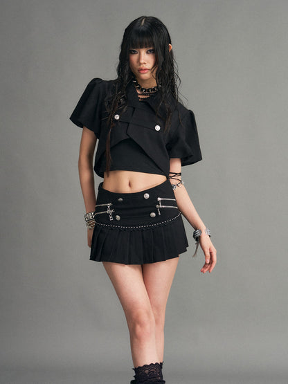 Frustration Garden Punk Metal Zipper Pleated Low Waist A Line Women&