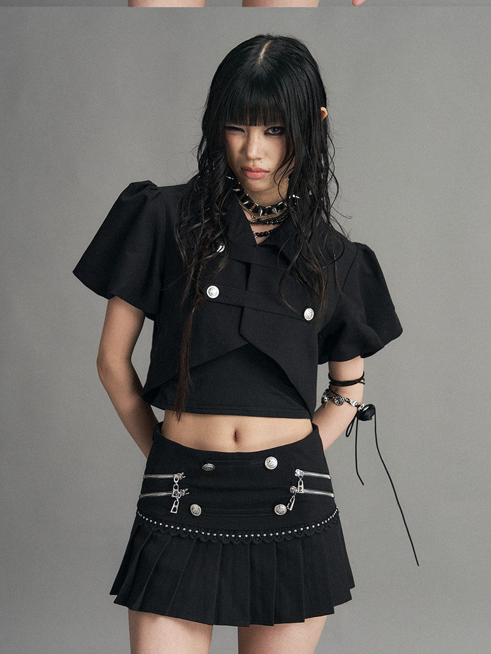 Frustration Garden Punk Metal Zipper Pleated Low Waist A Line Women&
