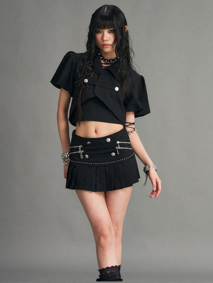 Frustration Garden Punk Metal Zipper Pleated Low Waist A Line Women&