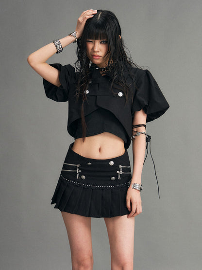 Frustration Garden Punk Metal Zipper Pleated Low Waist A Line Women&