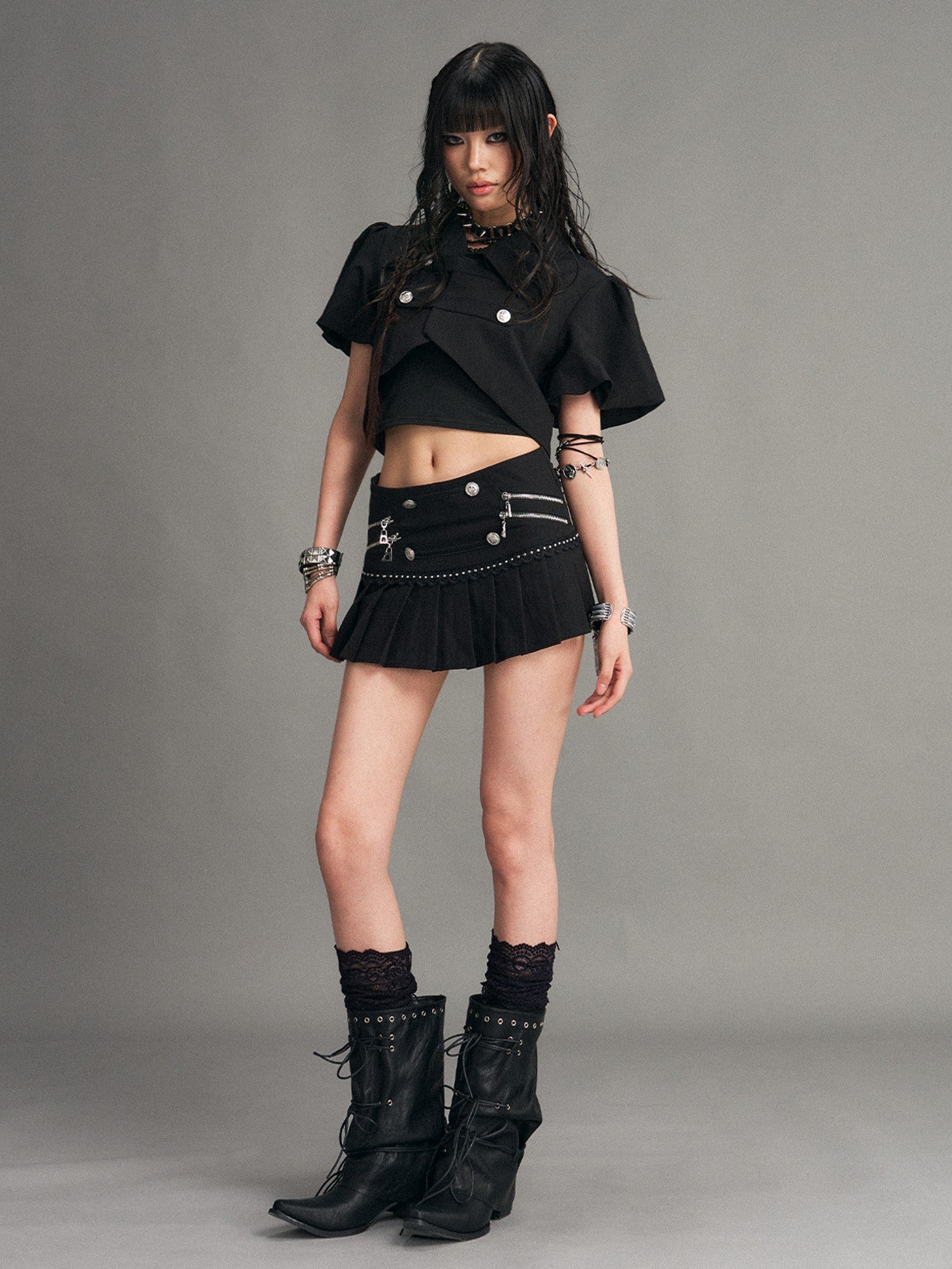 Frustration Garden Punk Metal Zipper Pleated Low Waist A Line Women&