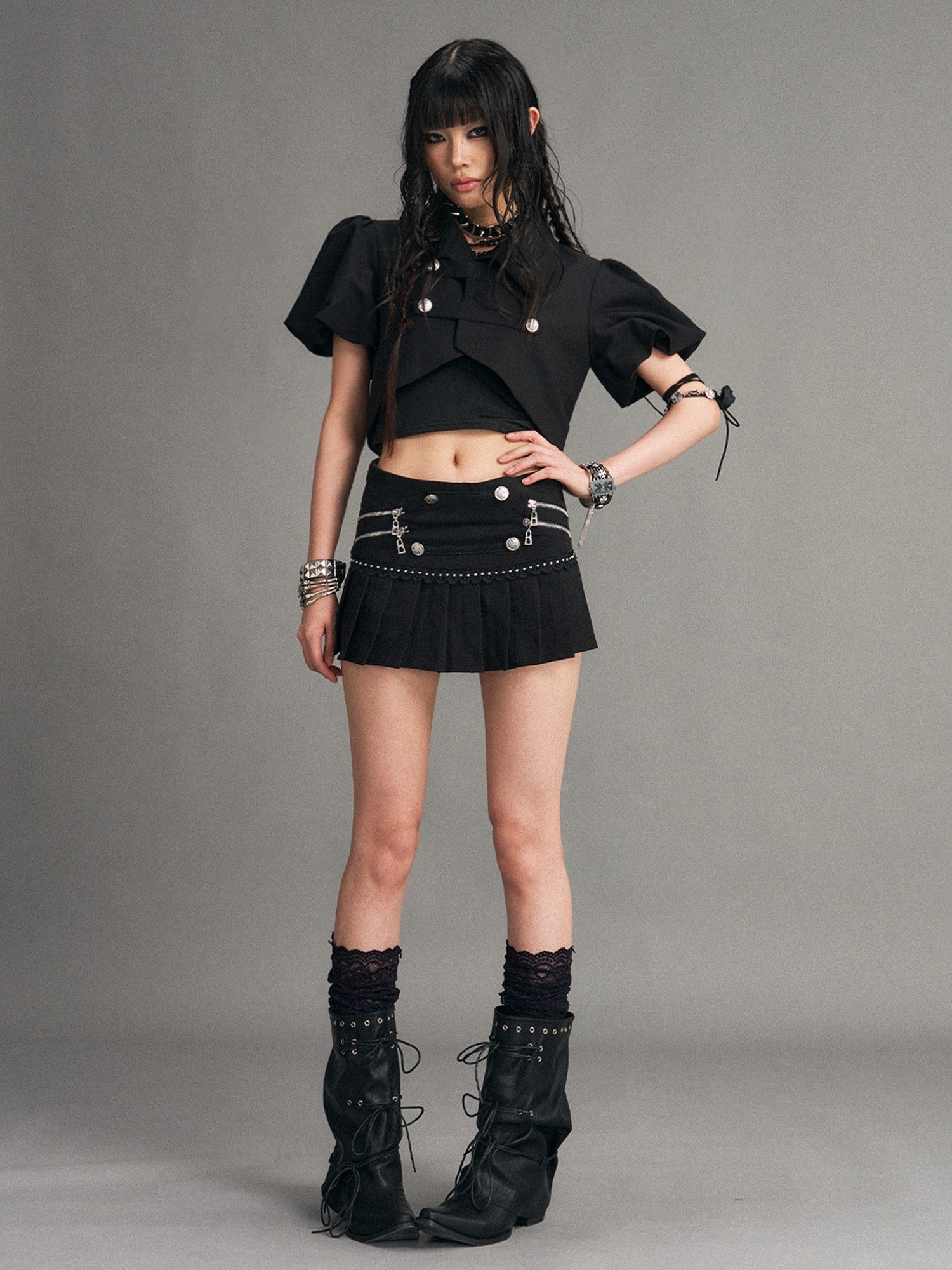Frustration Garden Punk Metal Zipper Pleated Low Waist A Line Women&